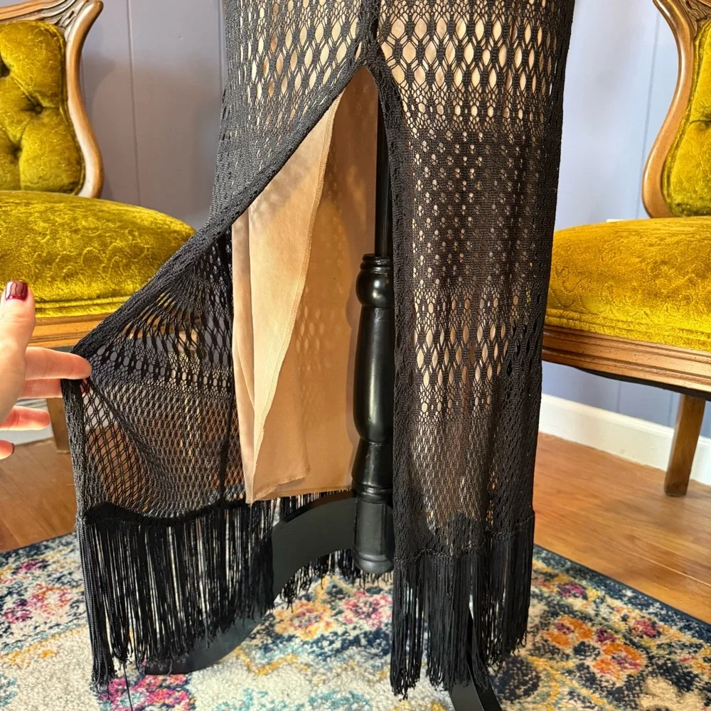 Vintage 90s/Y2K Fredericks of Hollywood Black Crochet Lace Fringed Maxi Dress - Picture 4 of 11